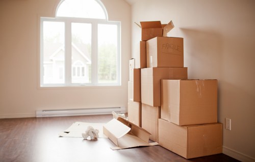 Labelled moving boxes ready for unpacking in a new home