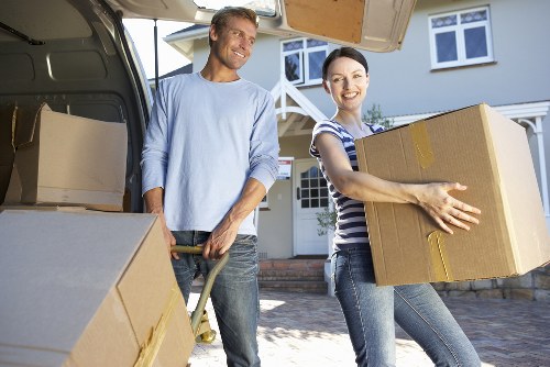 Packed office furniture and equipment ready for relocation
