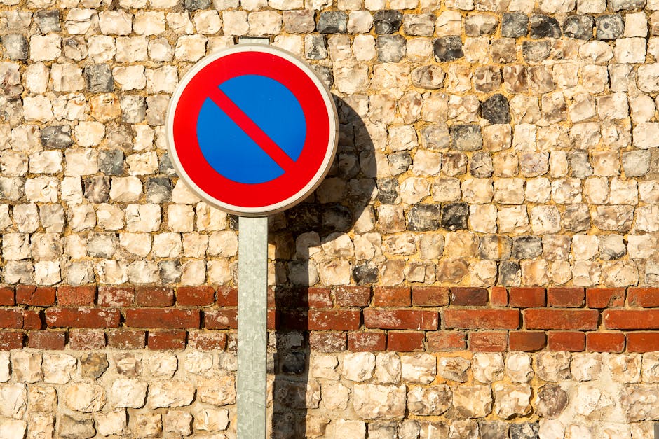 A round no parking traffic sign with a blue background and red border, mounted on a metal pole, casting a shadow on a brick wall composed of beige and dark stones with a horizontal red brick stripe. The sign is positioned in an outdoor area, likely adjacent to a street or pavement, which is relevant to house removals and moving logistics. Visible in the image are no vehicles, but the context suggests restrictions in parking or loading zones, which might impact home relocation or furniture transport activities. The lighting indicates it is daytime with sunlight clearly illuminating the sign and wall. The setting appears to be part of a property exterior or urban environment where parking rules are applicable, involving services like those offered by Man with Van Upton Park for efficient packing and loading during removals.