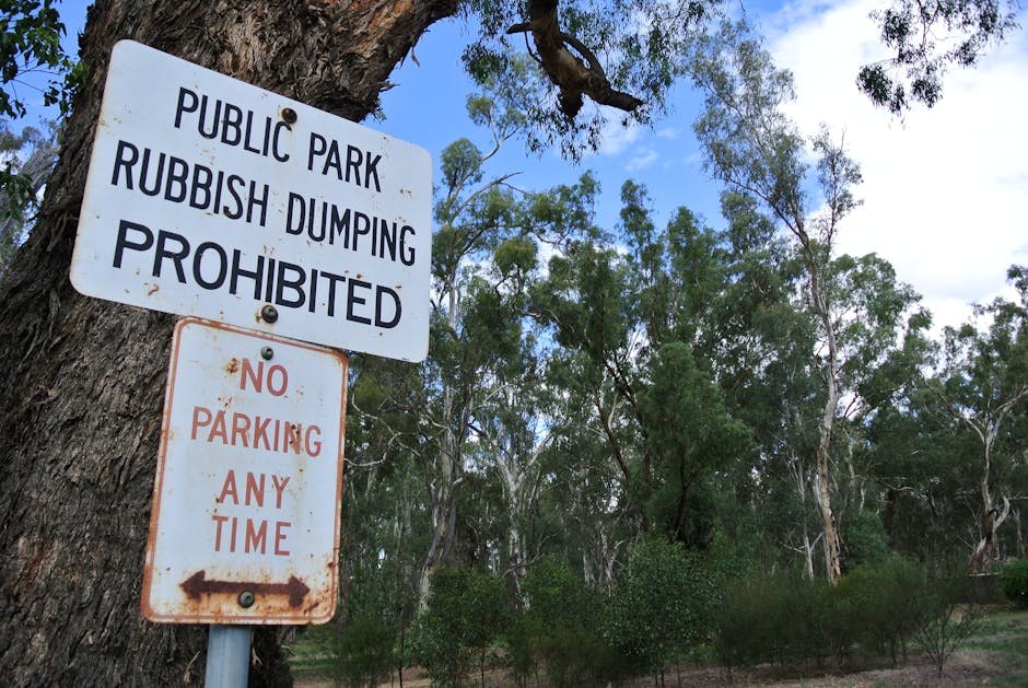 Close-up of a tree trunk displaying two signs in a park setting. The top sign reads 'Public Park Rubbish Dumping Prohibited' in bold black letters on a white background. Below it, a smaller rusted sign states 'No Parking Any Time' with red lettering and an arrow pointing to the left. In the background, there are tall, leafy trees with green foliage and a partly cloudy sky. The signs are positioned near the ground, and the setting appears to be an outdoor area designated for public use, with no vehicles or people visible. The images reflect parking restrictions and rules related to rubbish disposal, typical of signage in park or residential areas managing local regulations, fitting within the context of home relocation or moving services by Man with Van Upton Park.